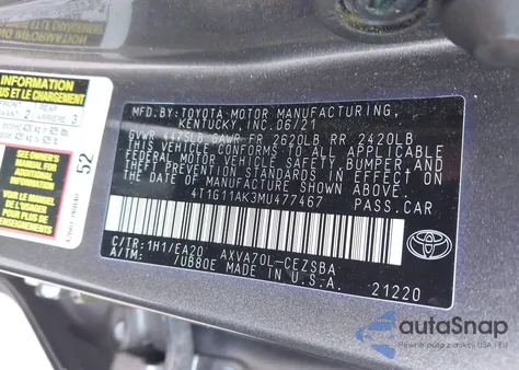 2021 Toyota Camry Se from USA, damaged, VIN 4T1G11AK3MU477467